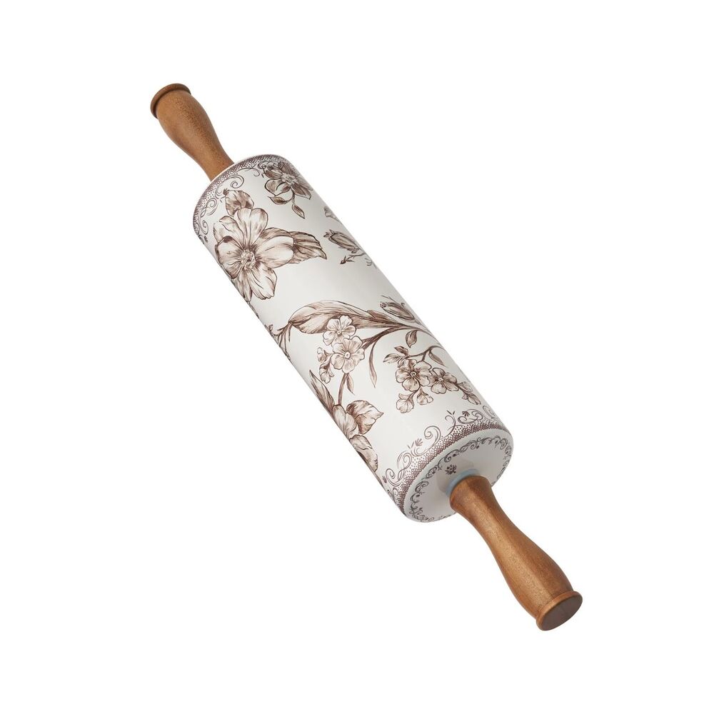 Pioneer Woman Agatha Rolling Pin With Wood Handles White Brown Floral Ceramic